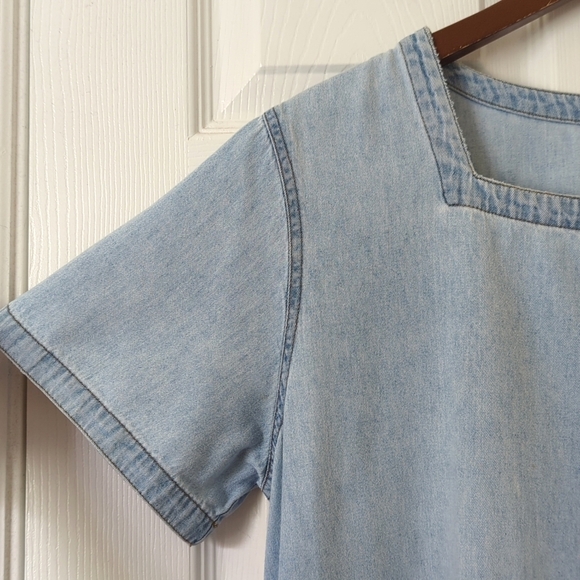 Orvis 80's Vintage Medium Wash Chambray Square Neck Short Sleeve Mini Dress M - Picture 4 of 10